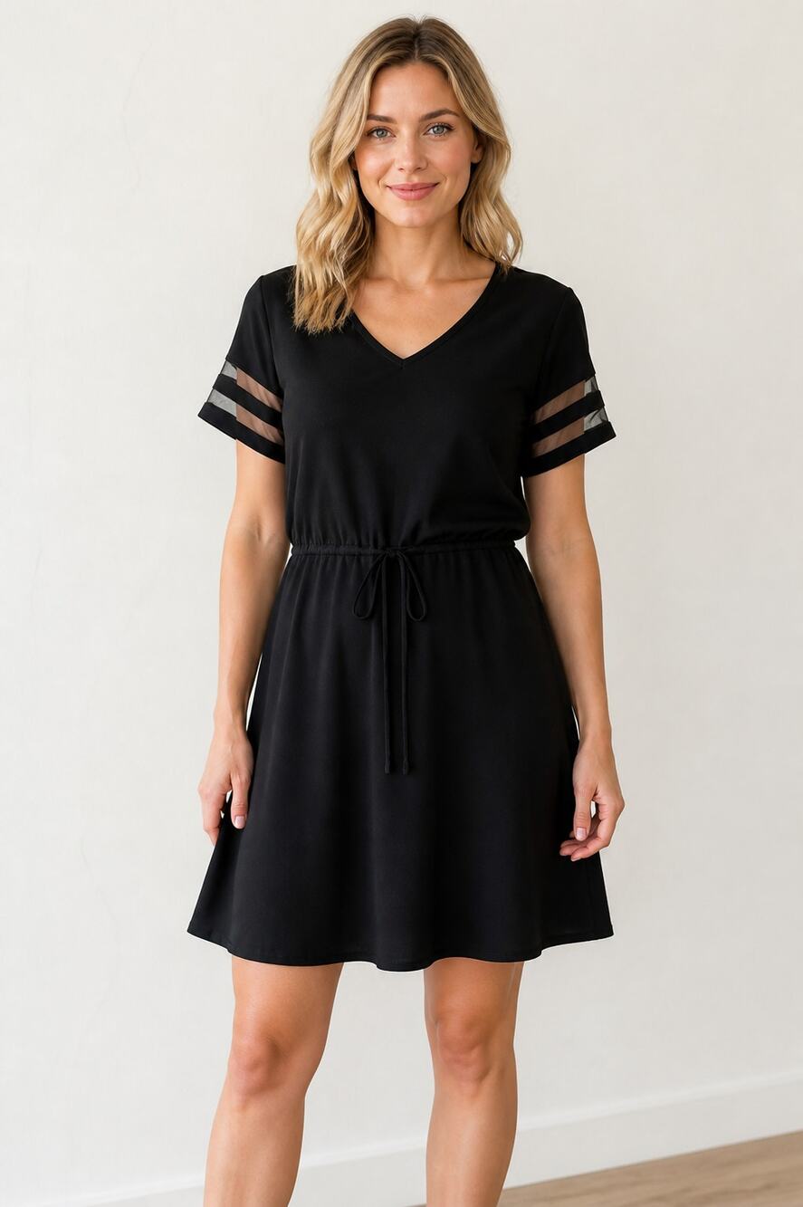 BMJL Women's Black A-Line Mini Dress Sheer Mesh Sleeve Size M NWT